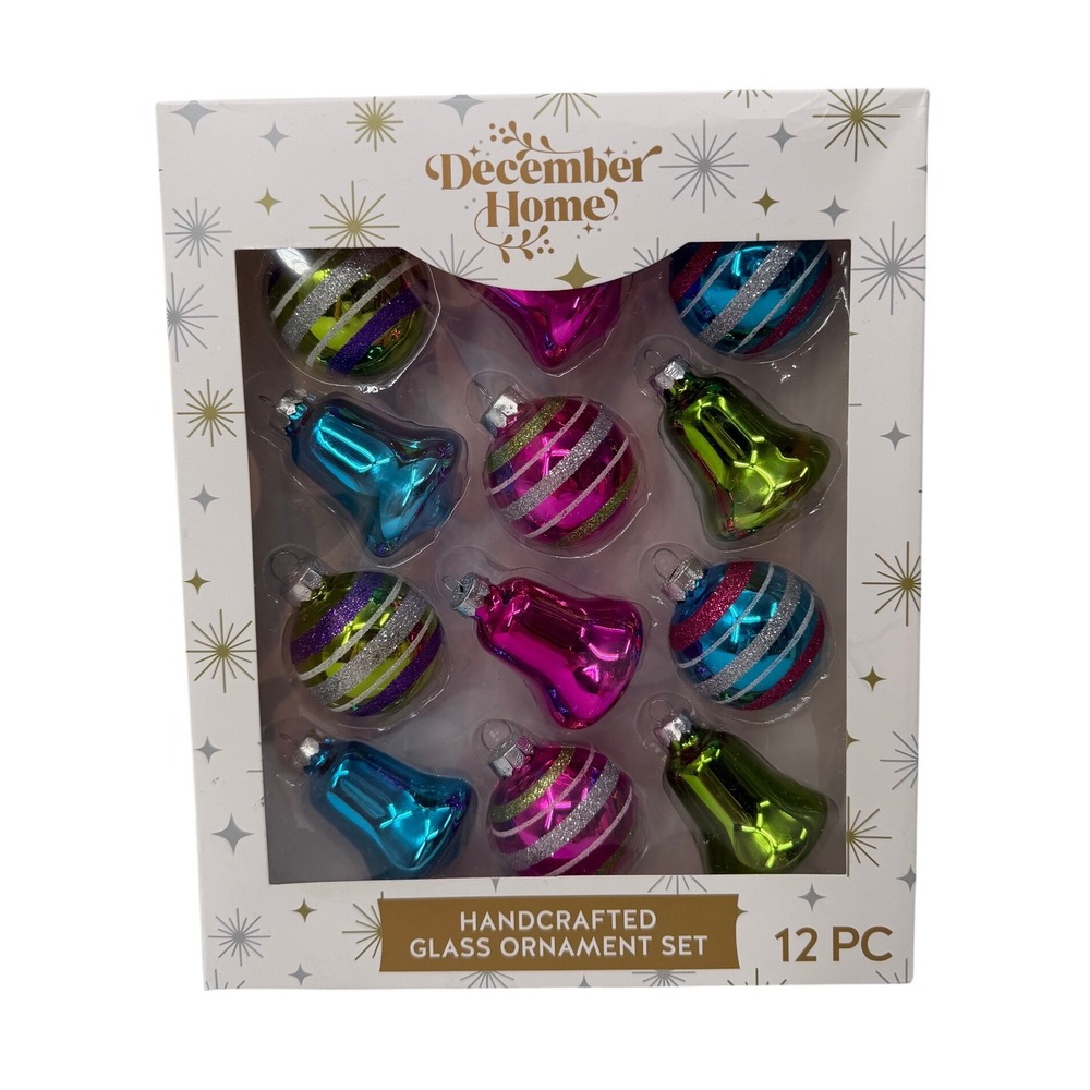 December Home Glass Ornament Set 12pc Pink Blue Green Glitter Bell Ball Xmas